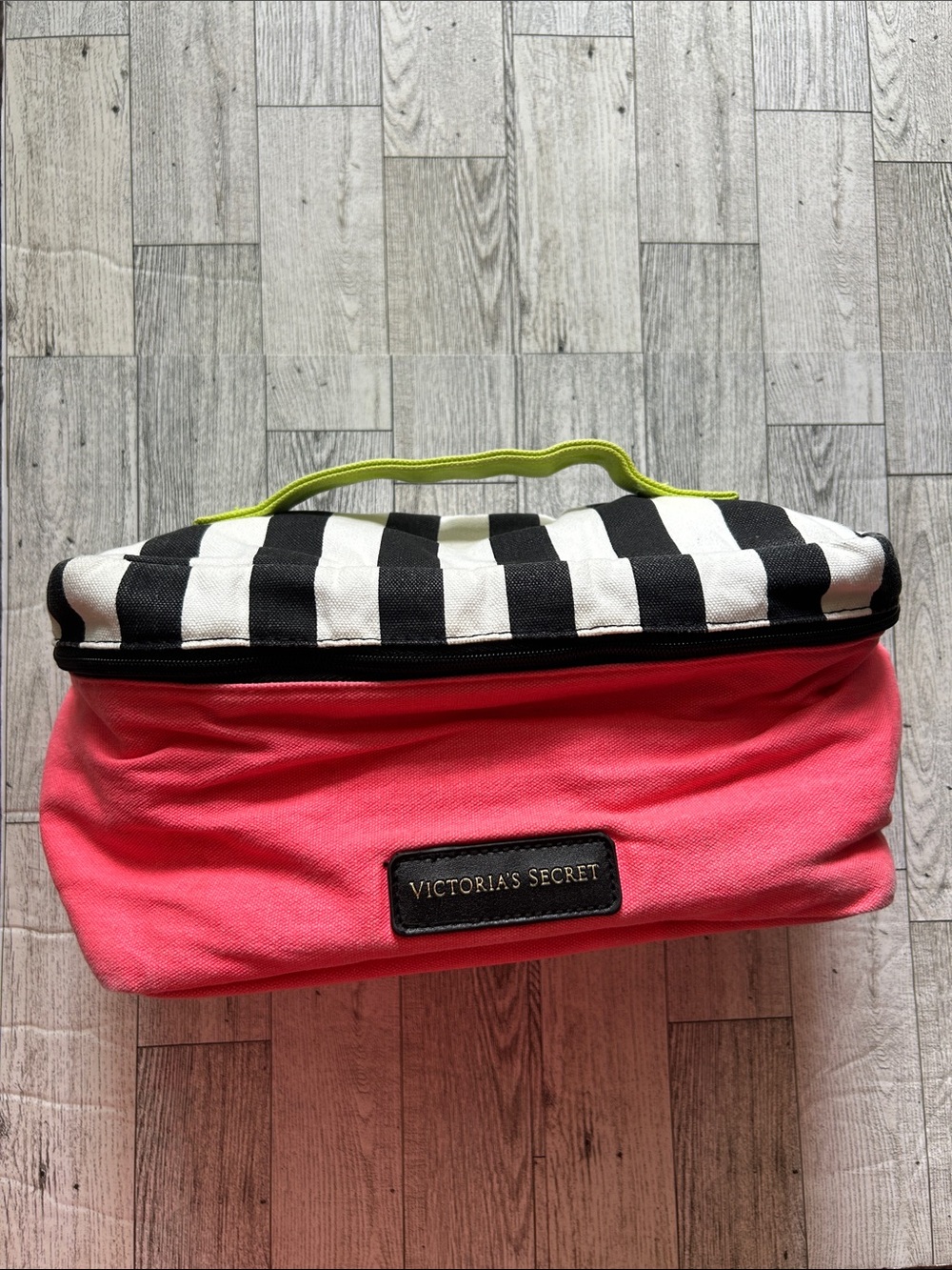 Victoria's Secret Pink, Black & White Striped Cosmetic Case with Neon Handle